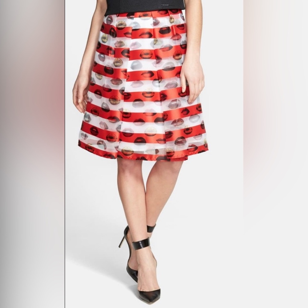 Pink Tartan, size 8, super fun red and white party skirt with lip pattern.